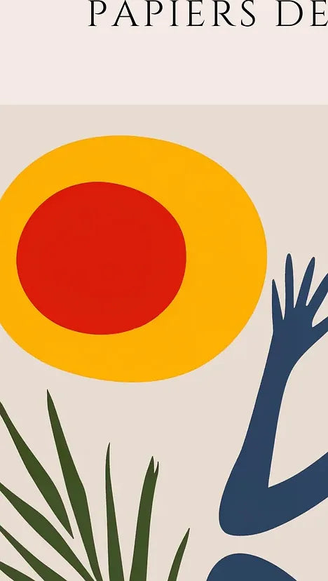 Gros plan sur la femme bleue et le soleil rouge des papiers decoupes Matisse