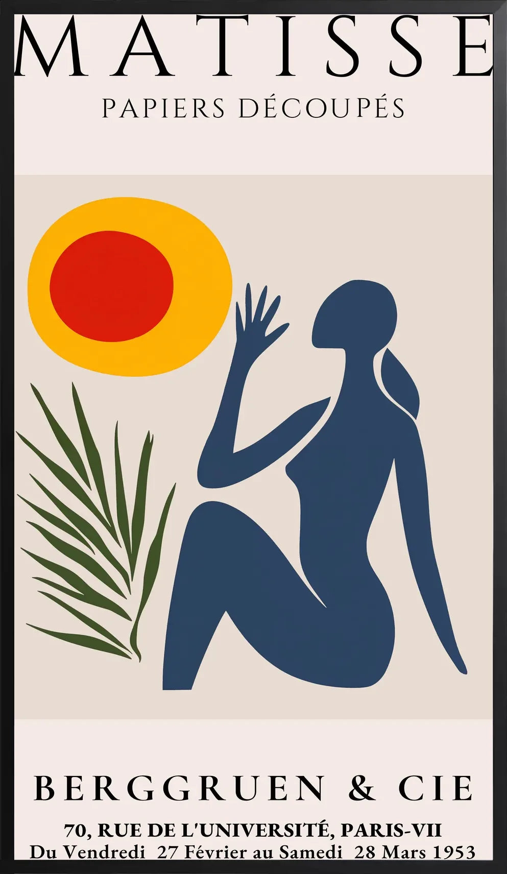 Encadrement noir mat autour de l'affiche Matisse femme bleue et soleil