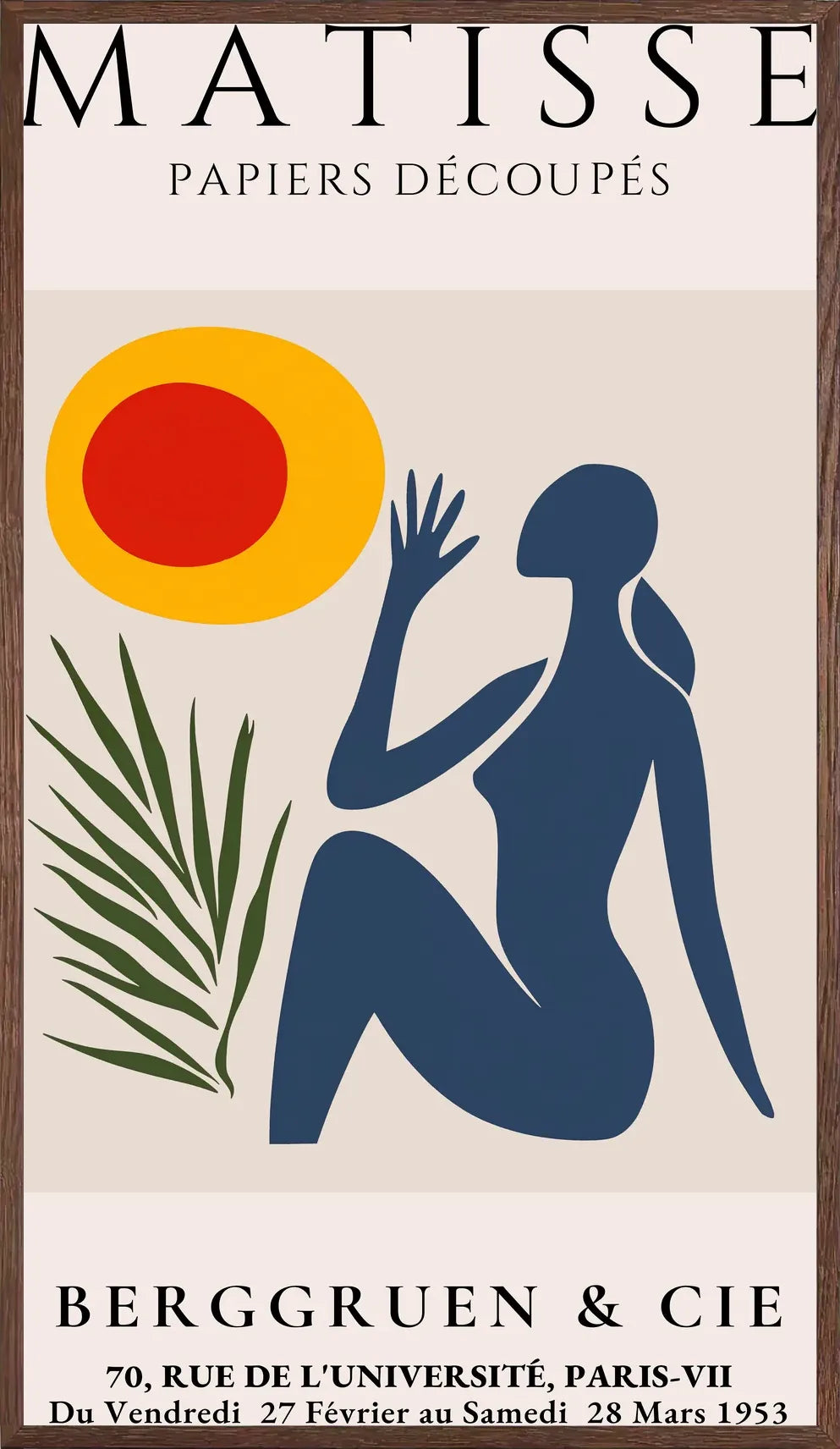 Cadre chene clair entourant l'affiche Matisse femme bleue et soleil