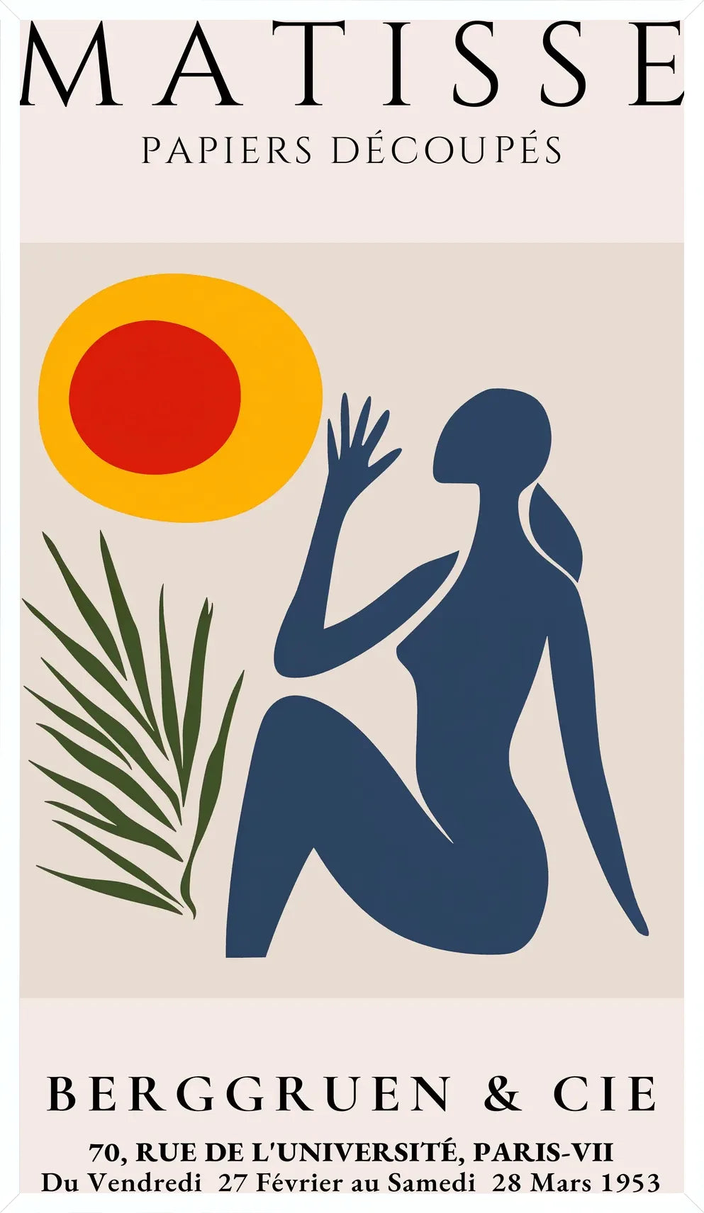 Cadre blanc epure presentant l'affiche Matisse femme bleue et soleil
