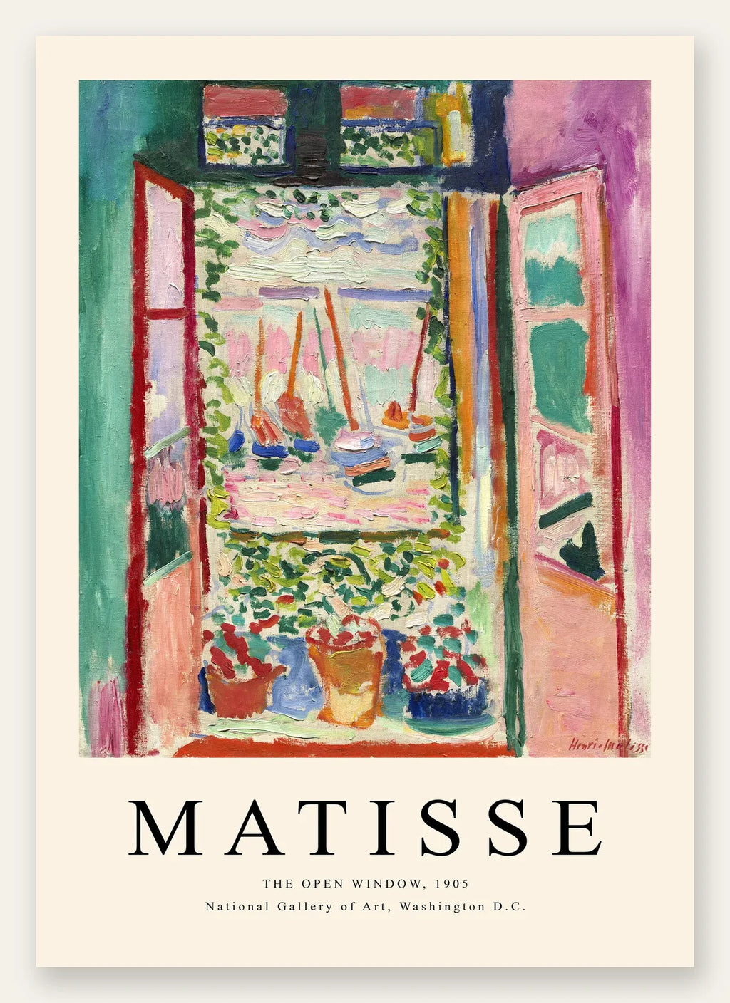 Fenetre ouverte sur une mer rose et turquoise aux voiliers, affiche Matisse fauve 1905
