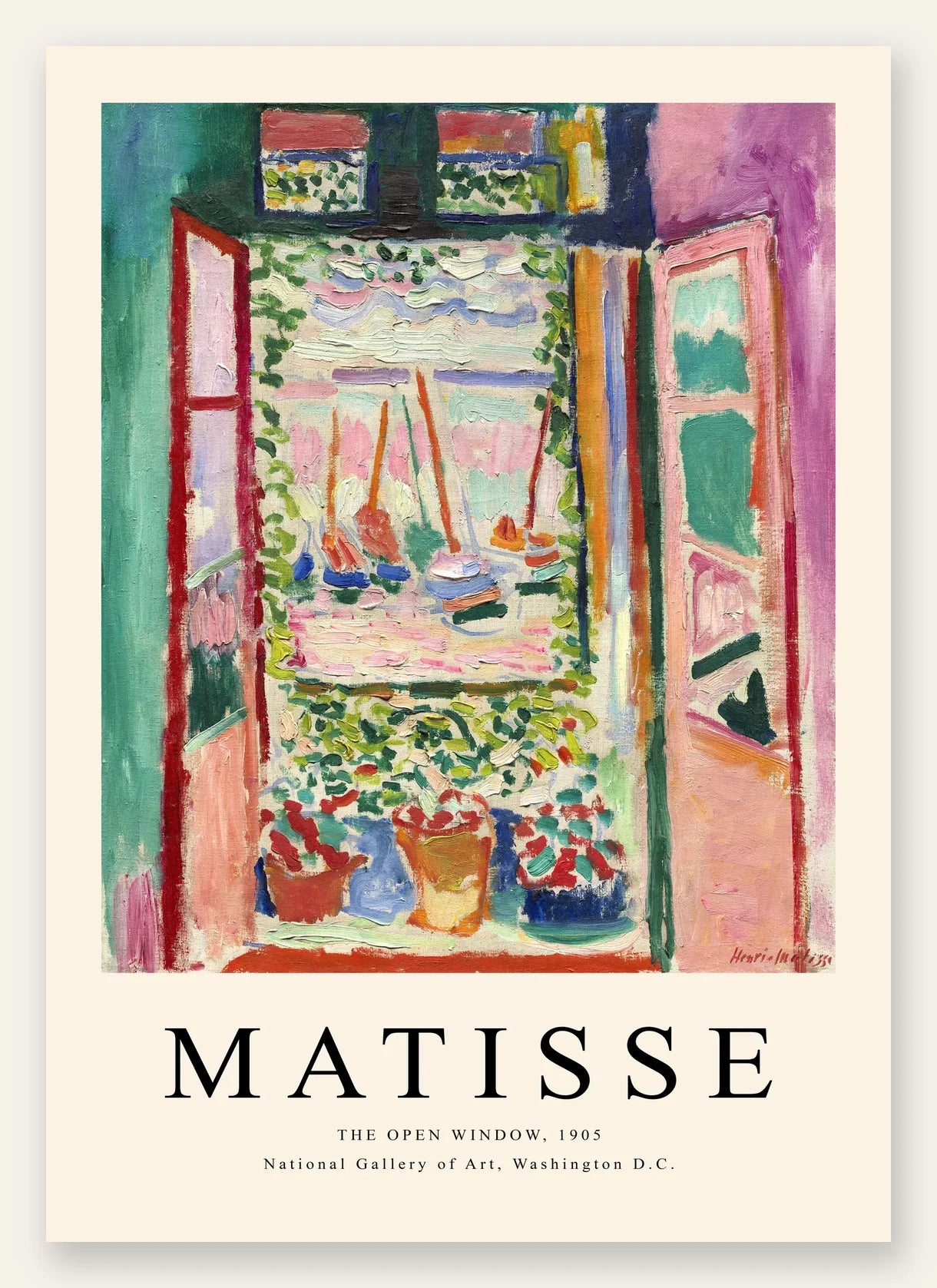 Fenetre ouverte sur une mer rose et turquoise aux voiliers, affiche Matisse fauve 1905
