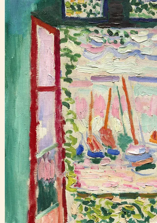 Gros plan sur les voiliers et la touche fauve de l'affiche Matisse La Fenetre Ouverte