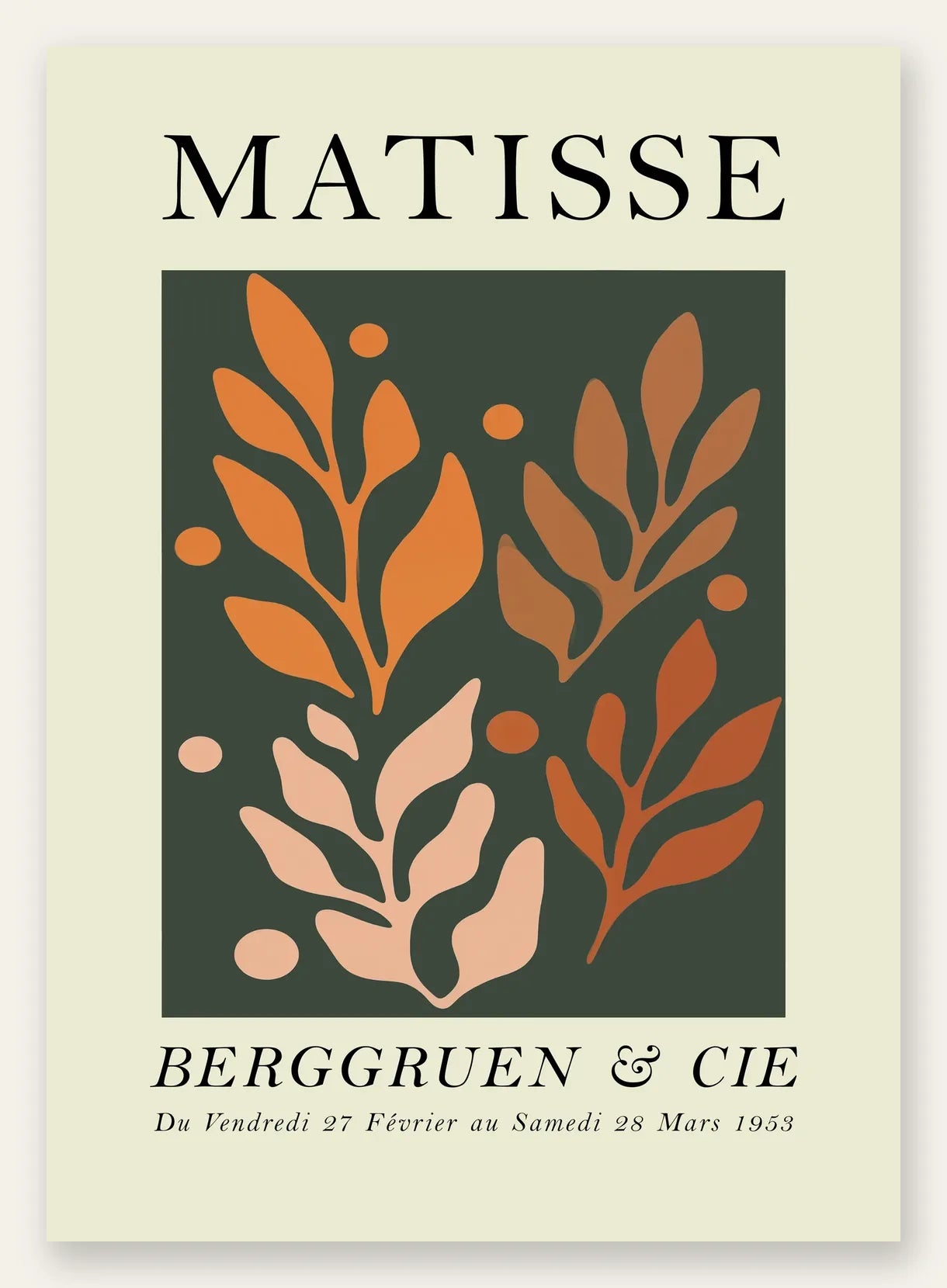 Feuillages Orange sur Vert en papiers decoupes Matisse sur fond colore