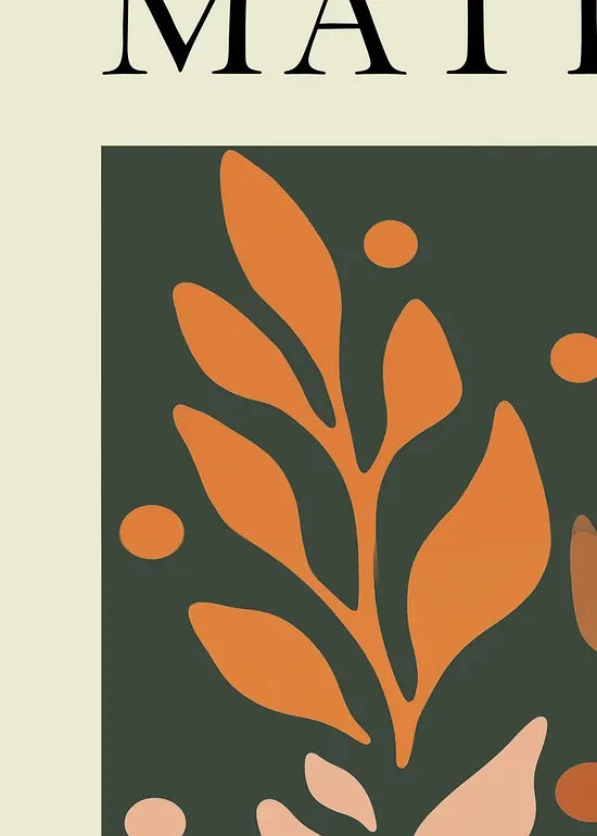 Gros plan sur feuillages orange sur vert des papiers decoupes Matisse