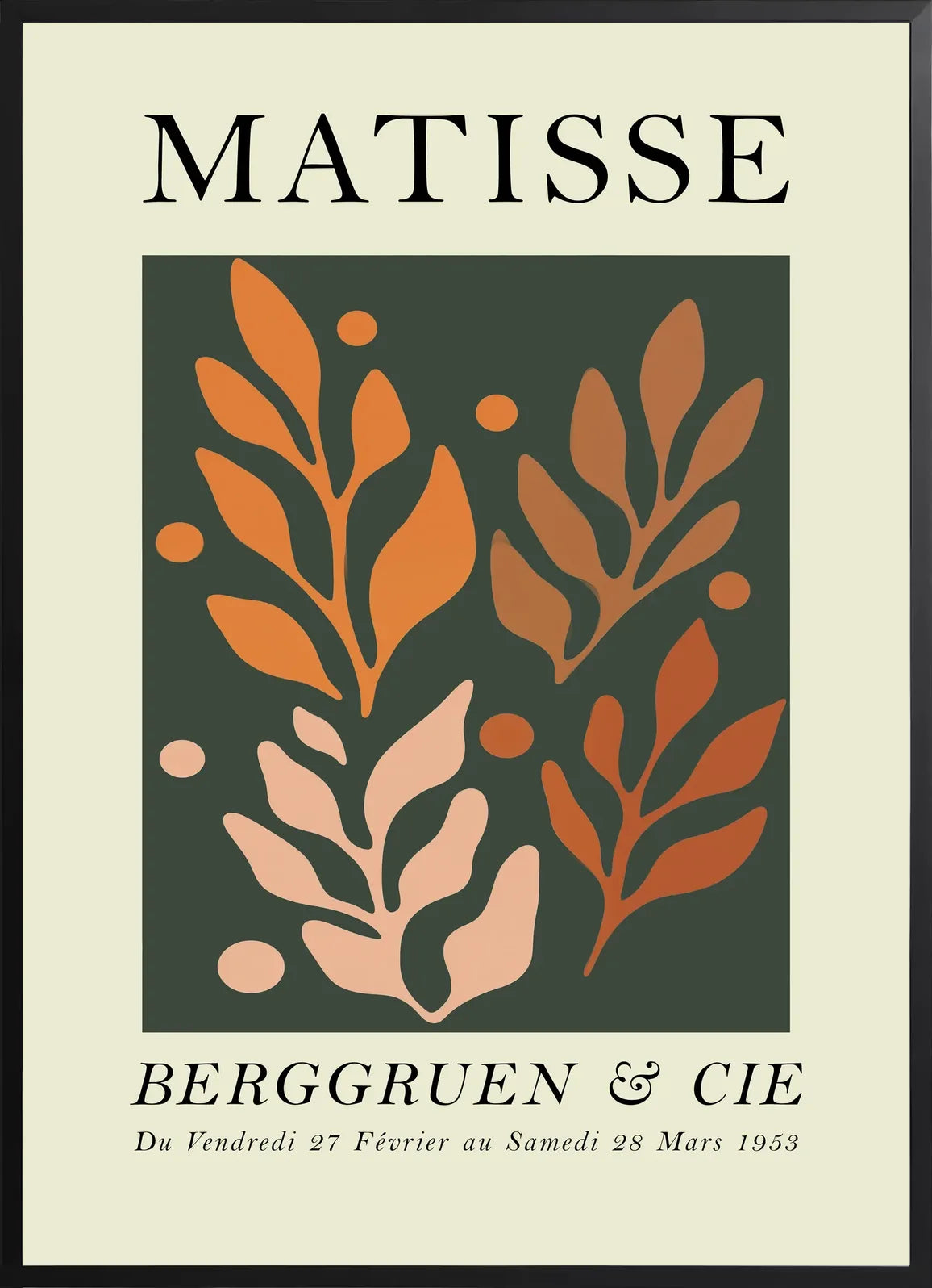 Encadrement noir mat autour de l'affiche Matisse feuillages orange sur vert
