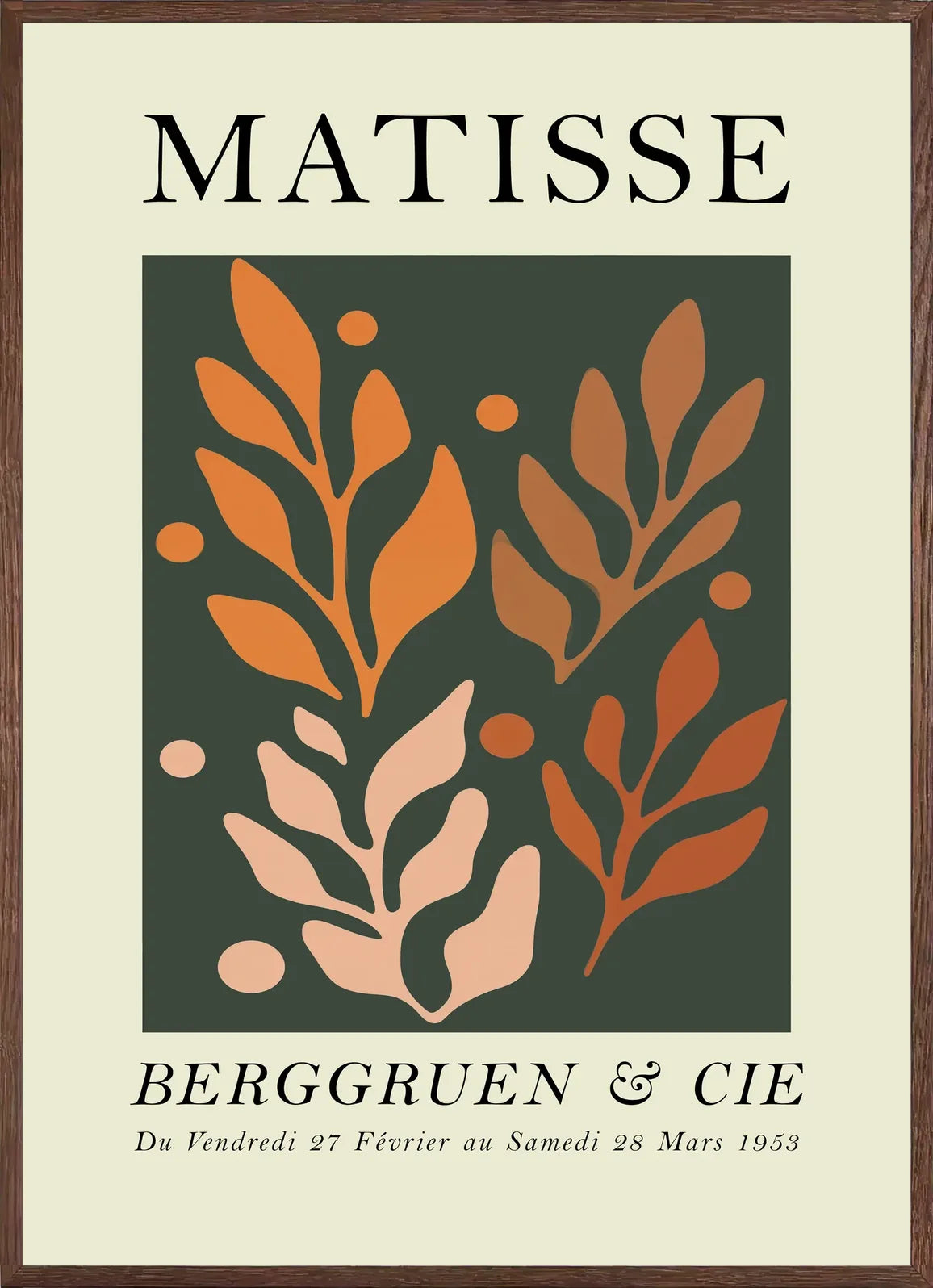 Cadre chene clair entourant l'affiche Matisse feuillages orange sur vert