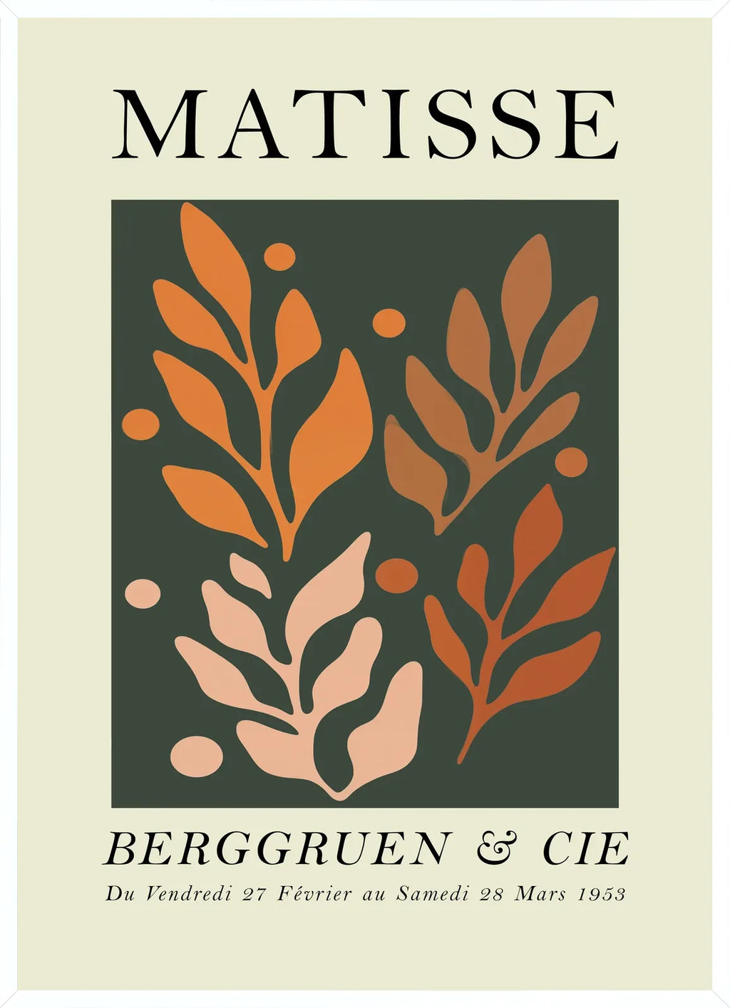 Cadre blanc epure presentant l'affiche Matisse feuillages orange sur vert