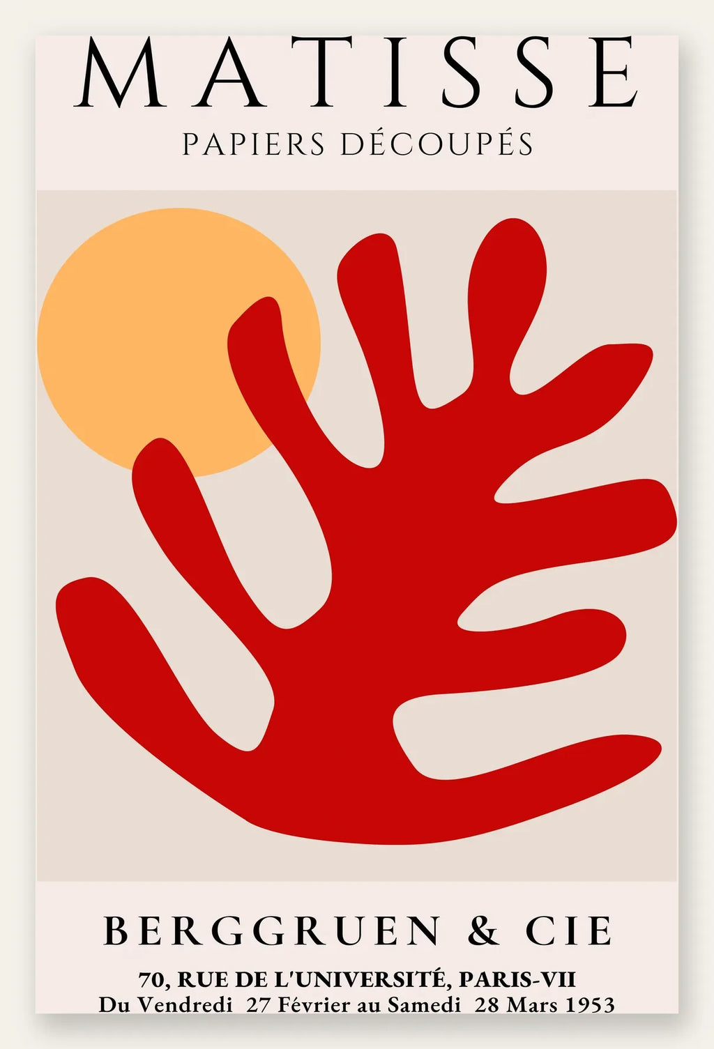 Feuille corail rouge et soleil orange sur fond creme, affiche Matisse papiers decoupes