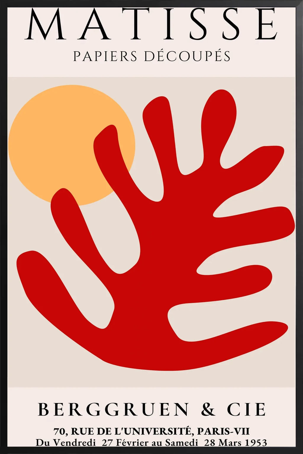 Encadrement noir mat autour de l'affiche Matisse feuille corail rouge