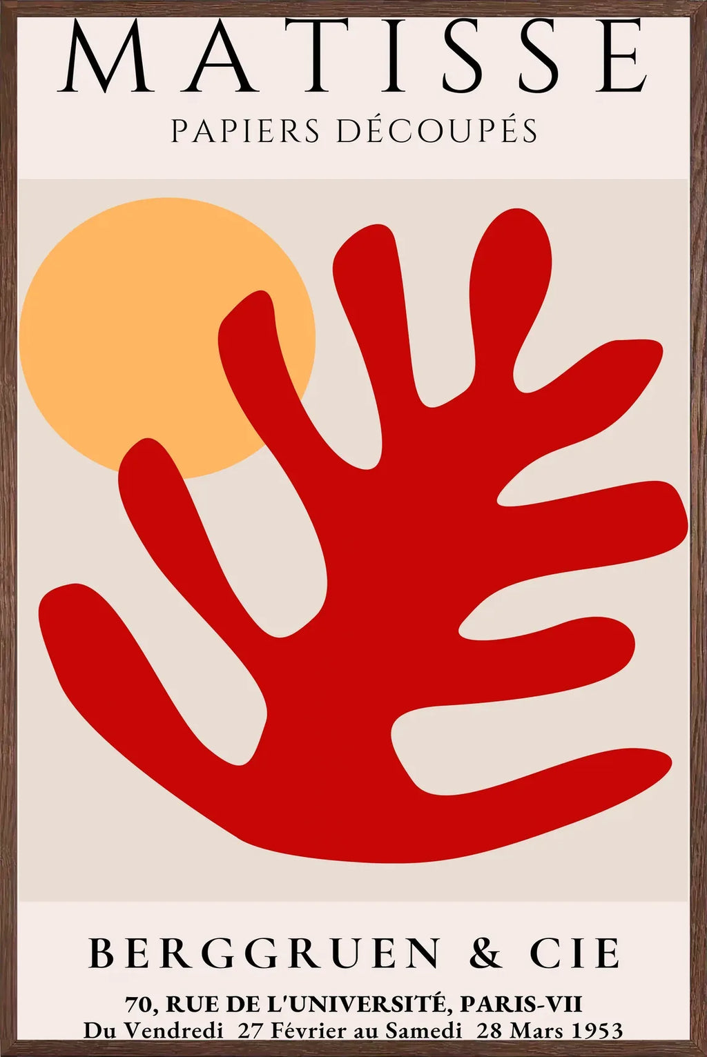 Cadre chene clair entourant l'affiche Matisse feuille corail rouge