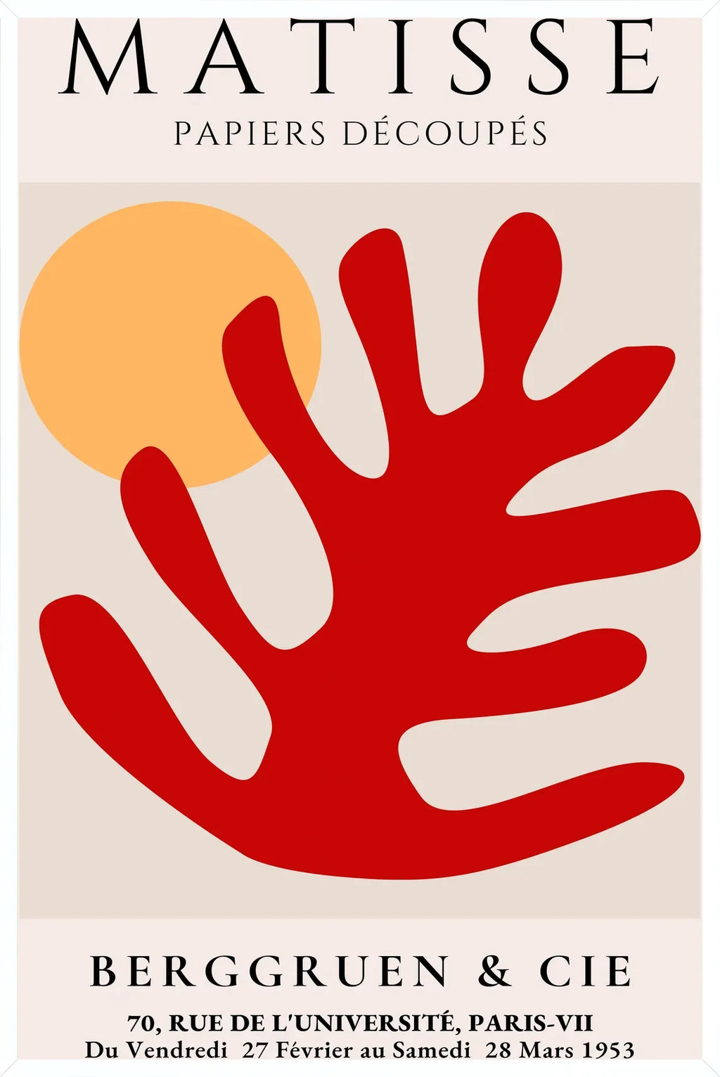 Cadre blanc epure presentant l'affiche Matisse feuille corail rouge