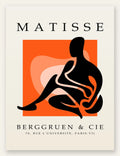 Figure noire au trait blanc sur carre orange, affiche Matisse papiers decoupes
