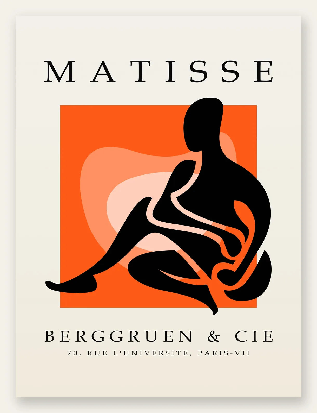Figure noire au trait blanc sur carre orange, affiche Matisse papiers decoupes