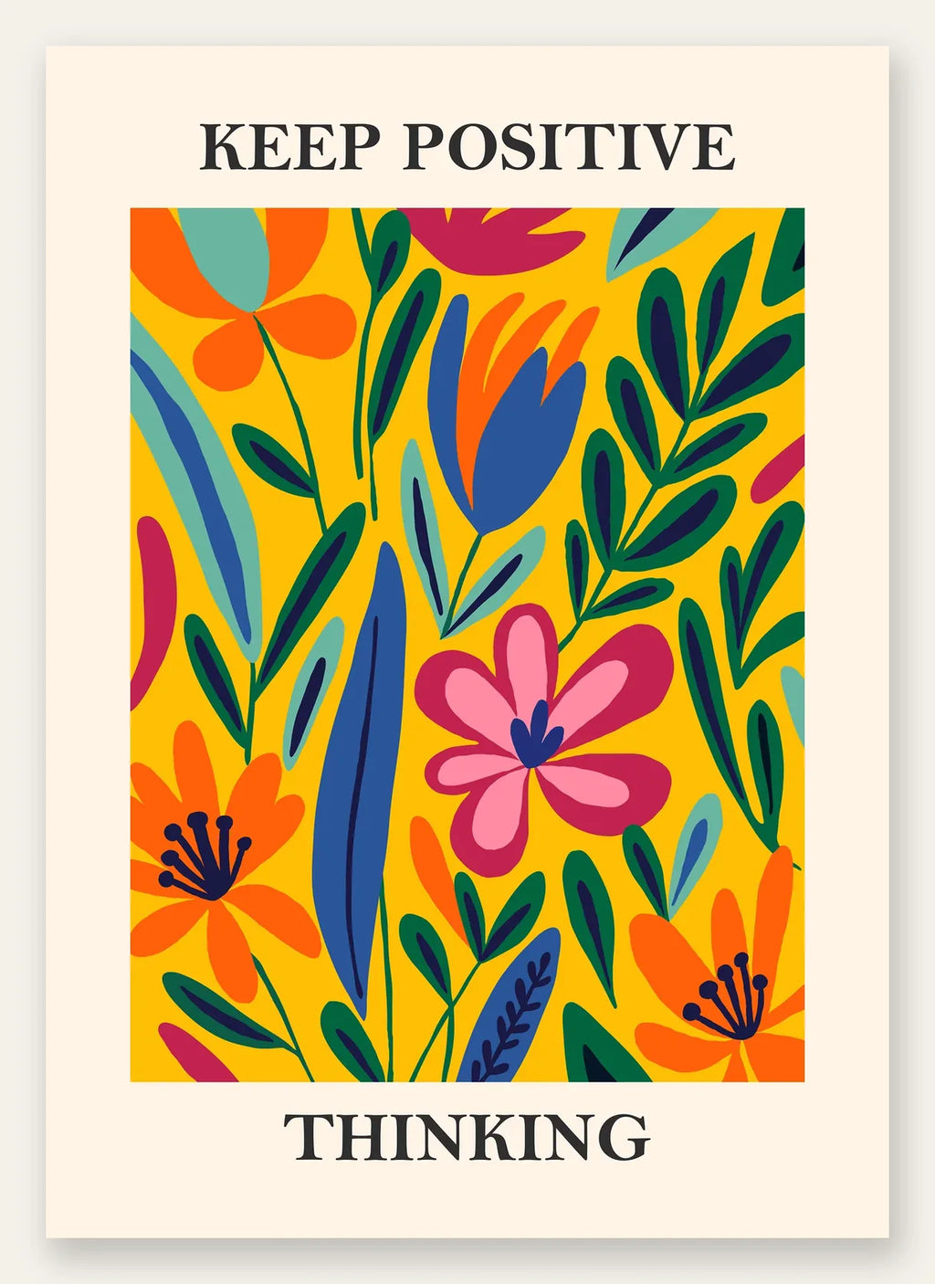 Fleurs maximalistes colorees sur fond jaune, affiche Matisse florale Keep Positive