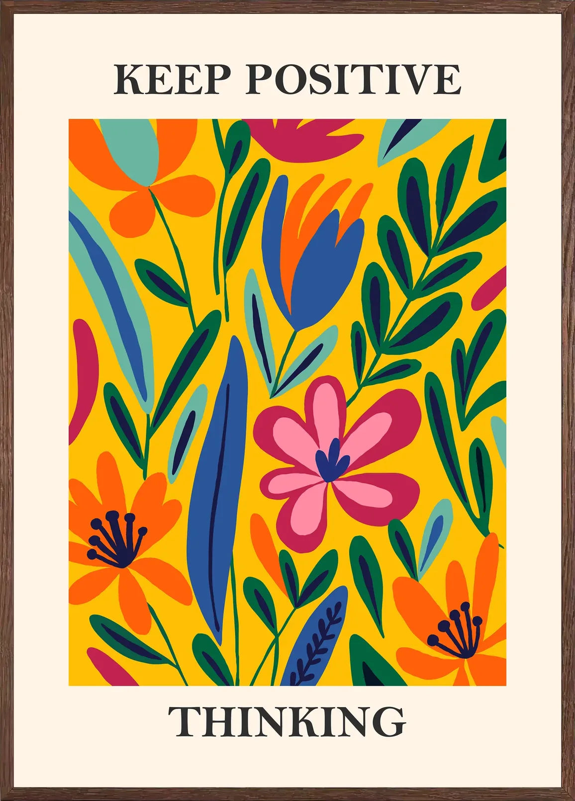 Cadre chene clair entourant l'affiche Matisse fleurs Keep Positive