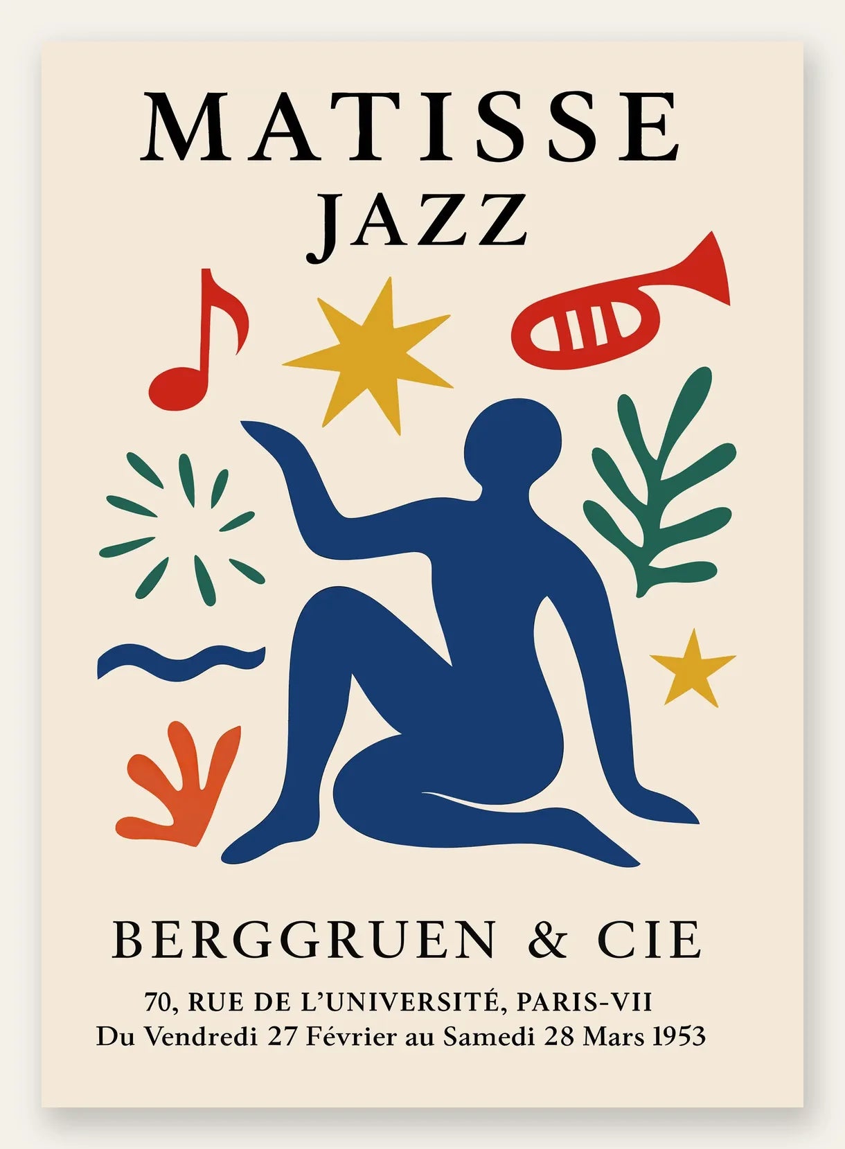 Affiche Matisse Jazz, figure bleue en papiers decoupes, etoile et trompette