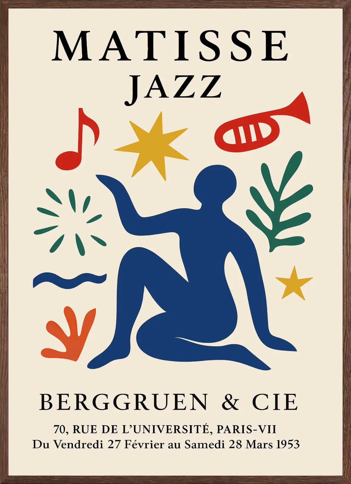 Cadre chene clair entourant l'affiche Matisse Jazz figure bleue