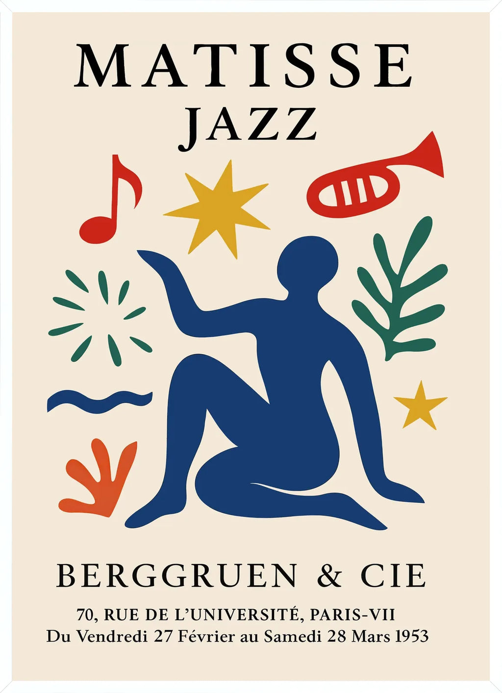 Cadre blanc epure presentant l'affiche Matisse Jazz papiers decoupes