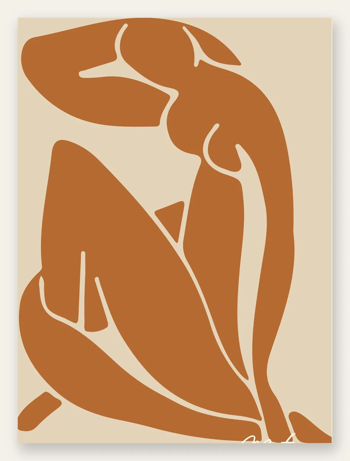 Silhouette nue découpée terracotta sur fond beige, formes organiques en papier, large bordure crème