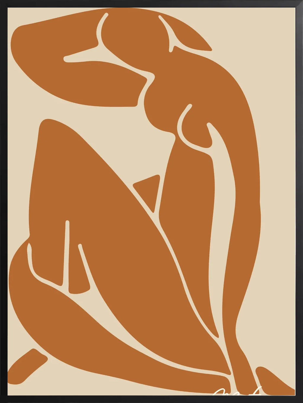 Oeuvre dans cadre noir mat, silhouette organique en papiers gouachés découpés terracotta