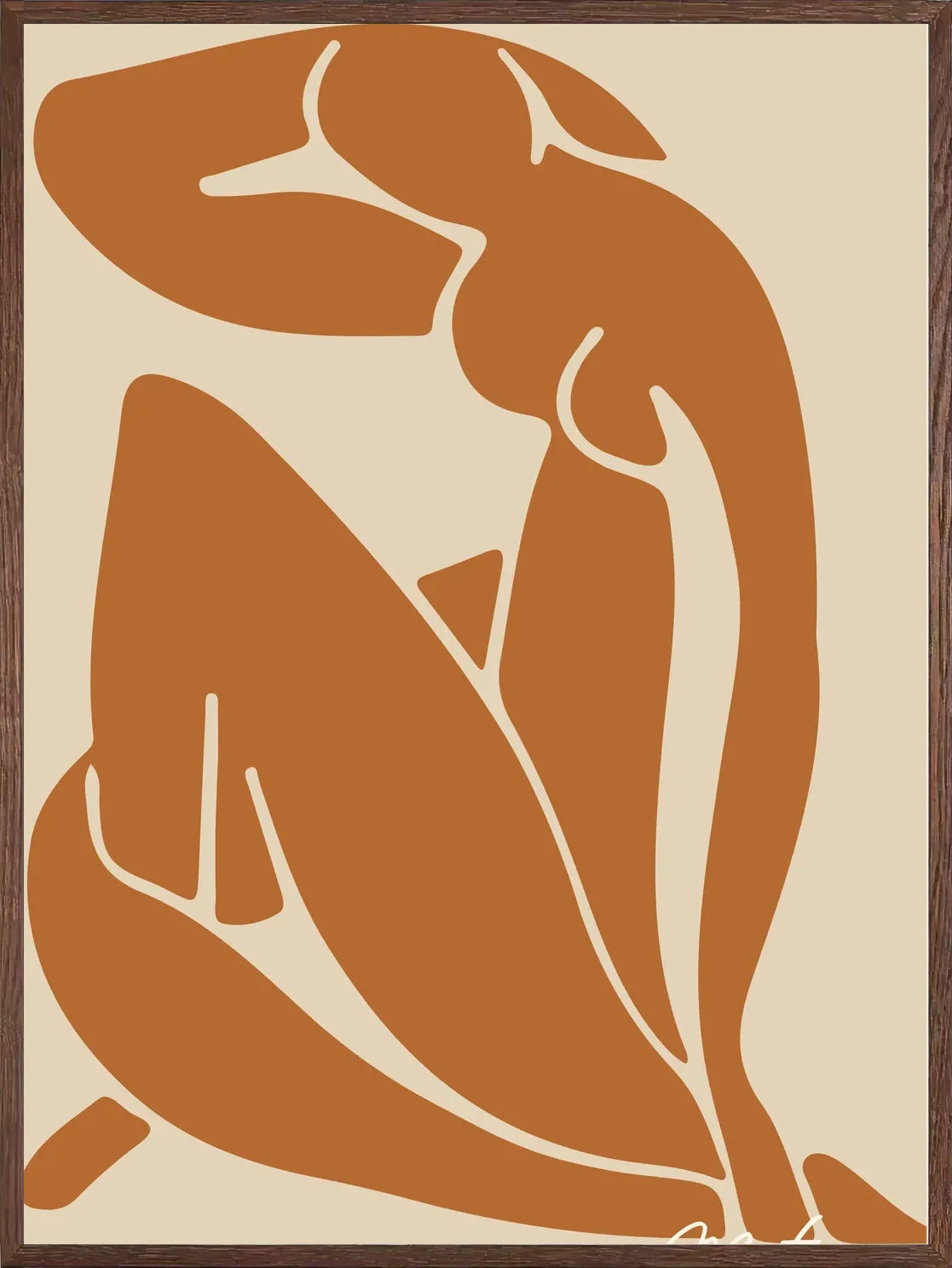 Encadrée en chêne, silhouette nue reclinée en découpes terracotta, finition mat