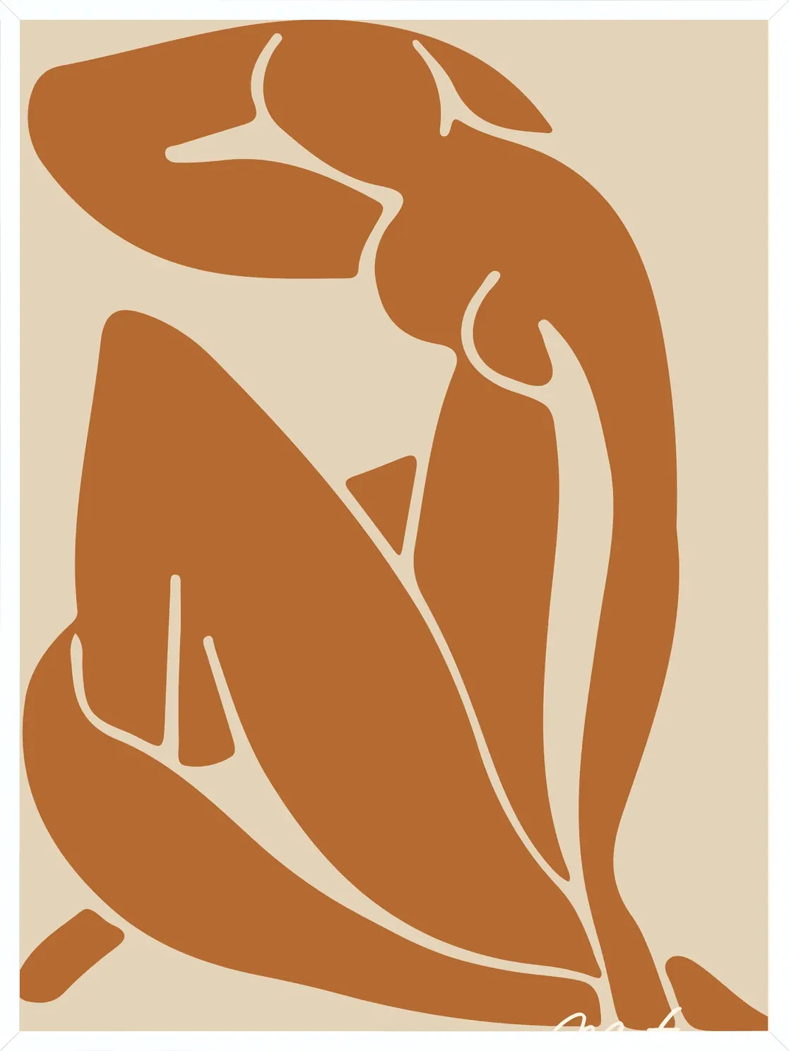 Papier mat dans cadre blanc fin, silhouette nue terracotta sur fond beige