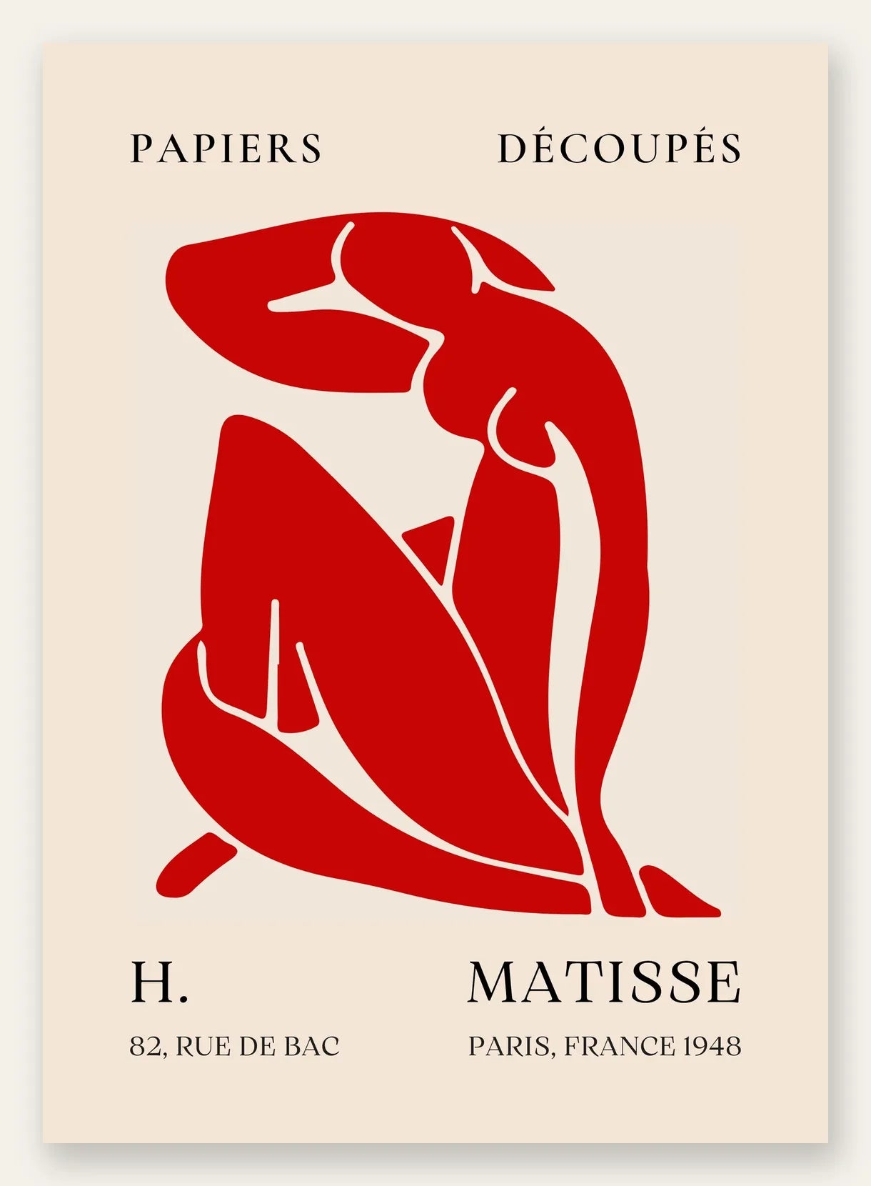 Affiche Matisse Papiers Decoupes, silhouette nu rouge carmin assise sur fond creme Paris 1948