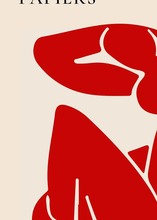 Gros plan sur la silhouette Matisse nu rouge carmin et lignes blanches