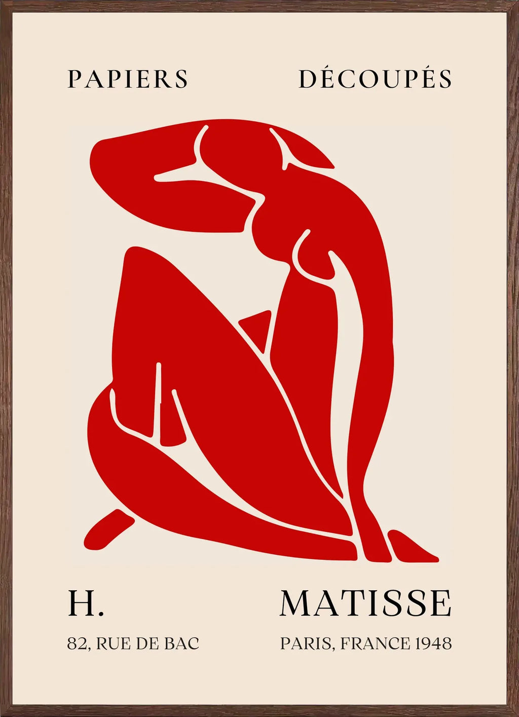 Cadre chene clair entourant l'affiche Matisse nu rouge papiers decoupes 1948