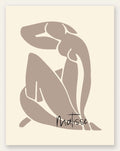 Nu assis taupe au trait blanc sur fond creme, affiche Matisse papiers decoupes
