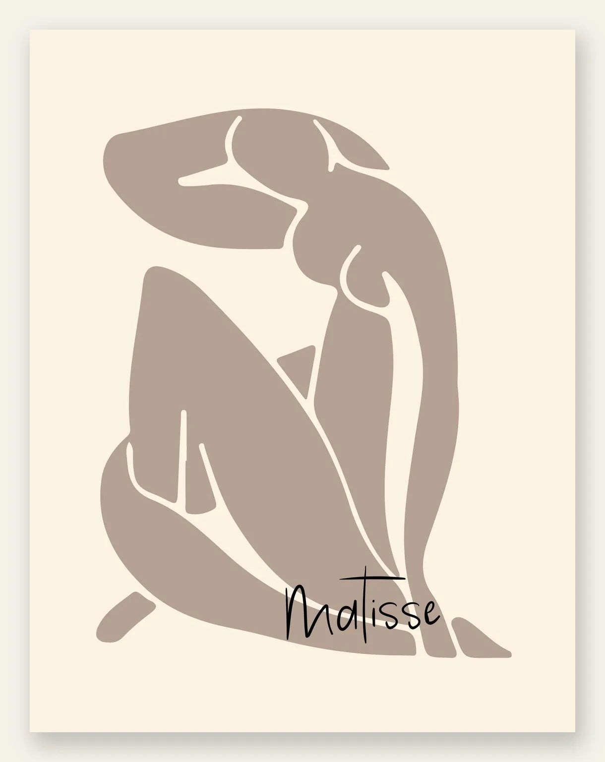 Nu assis taupe au trait blanc sur fond creme, affiche Matisse papiers decoupes