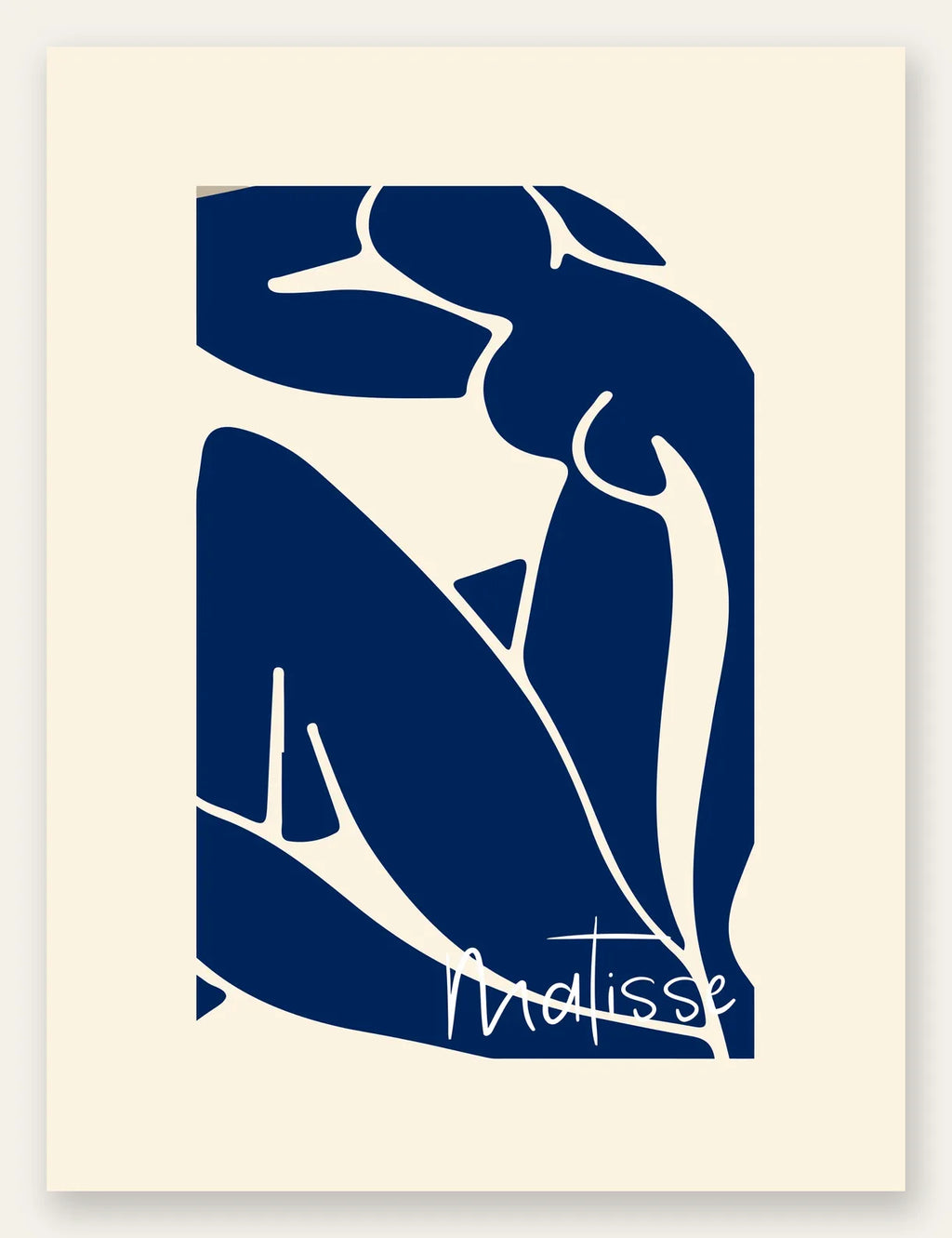 Image de silhouette de femme assise en formes découpées bleu de cobalt sur fond blanc cassé, signature manuscrite 'Matisse'.