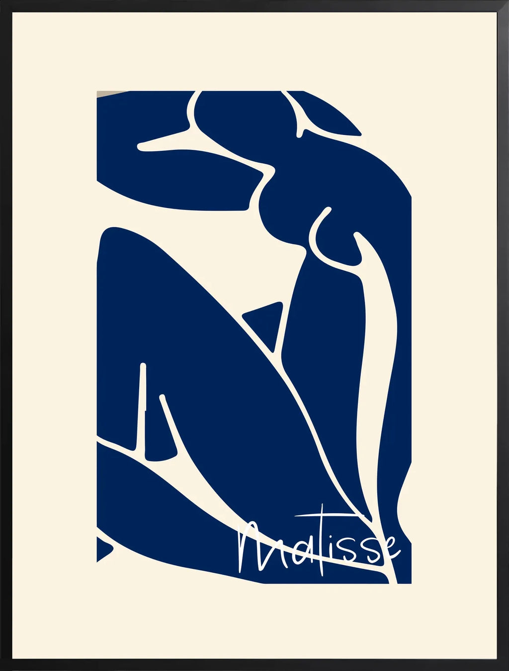 Profil de silhouette de femme assise encadrée noir mat, formes organiques découpées et signature manuscrite 'Matisse'.