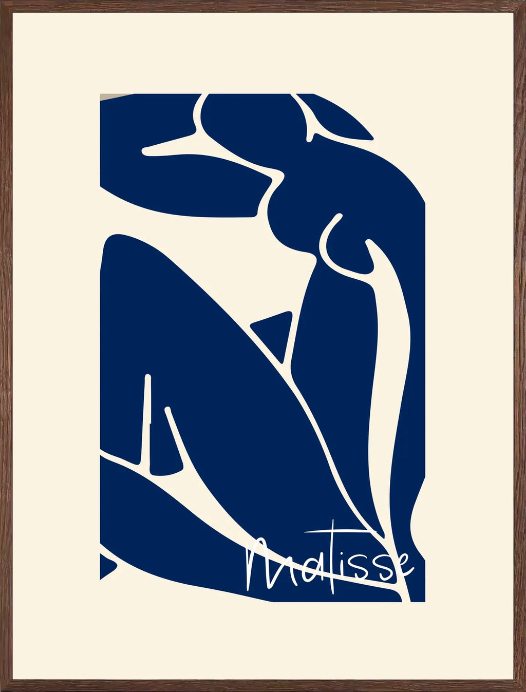 Découpé en bleu de cobalt, silhouette de femme assise en cadre chêne clair, finition mat, formes organiques visibles.