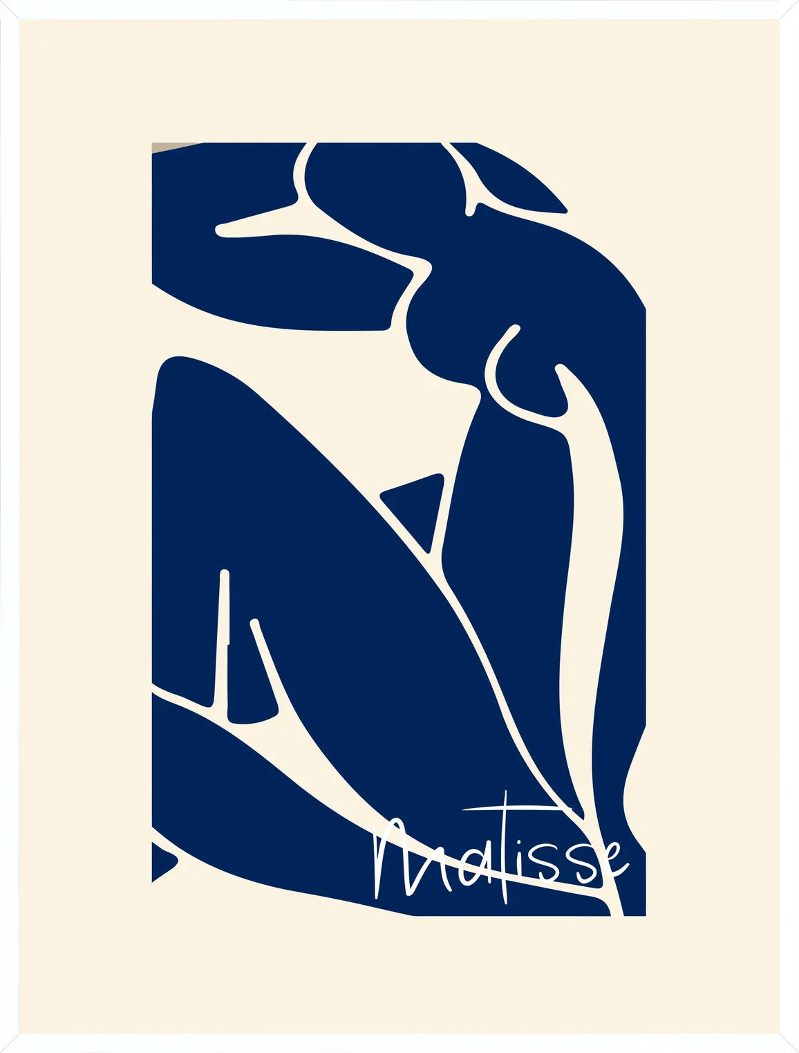 Figure stylisée de femme assise en cadre blanc fin et minimal, aplats bleu profond sur fond blanc cassé.
