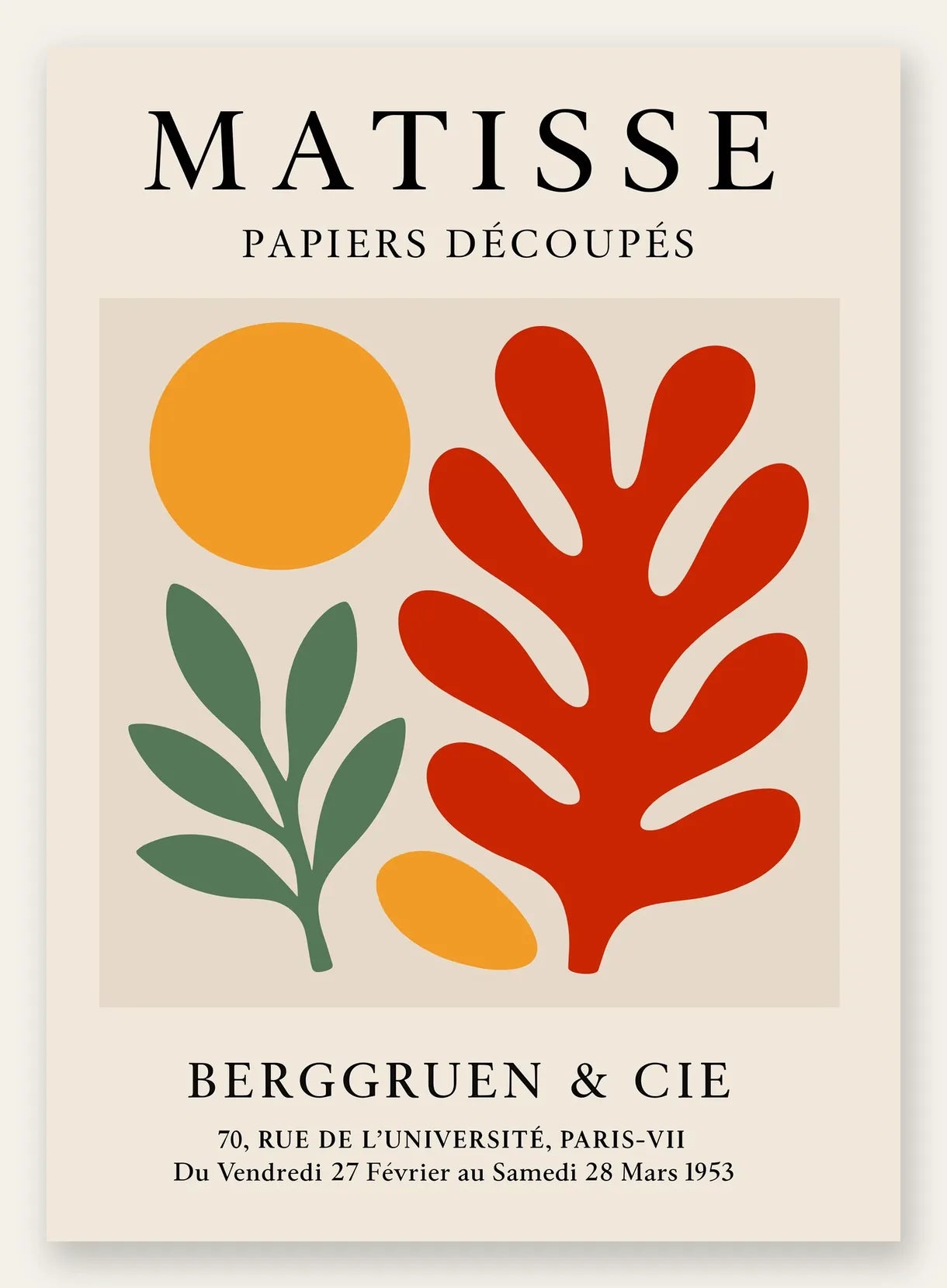 Disque Branche et Corail Rouge en papiers decoupes Matisse sur fond colore