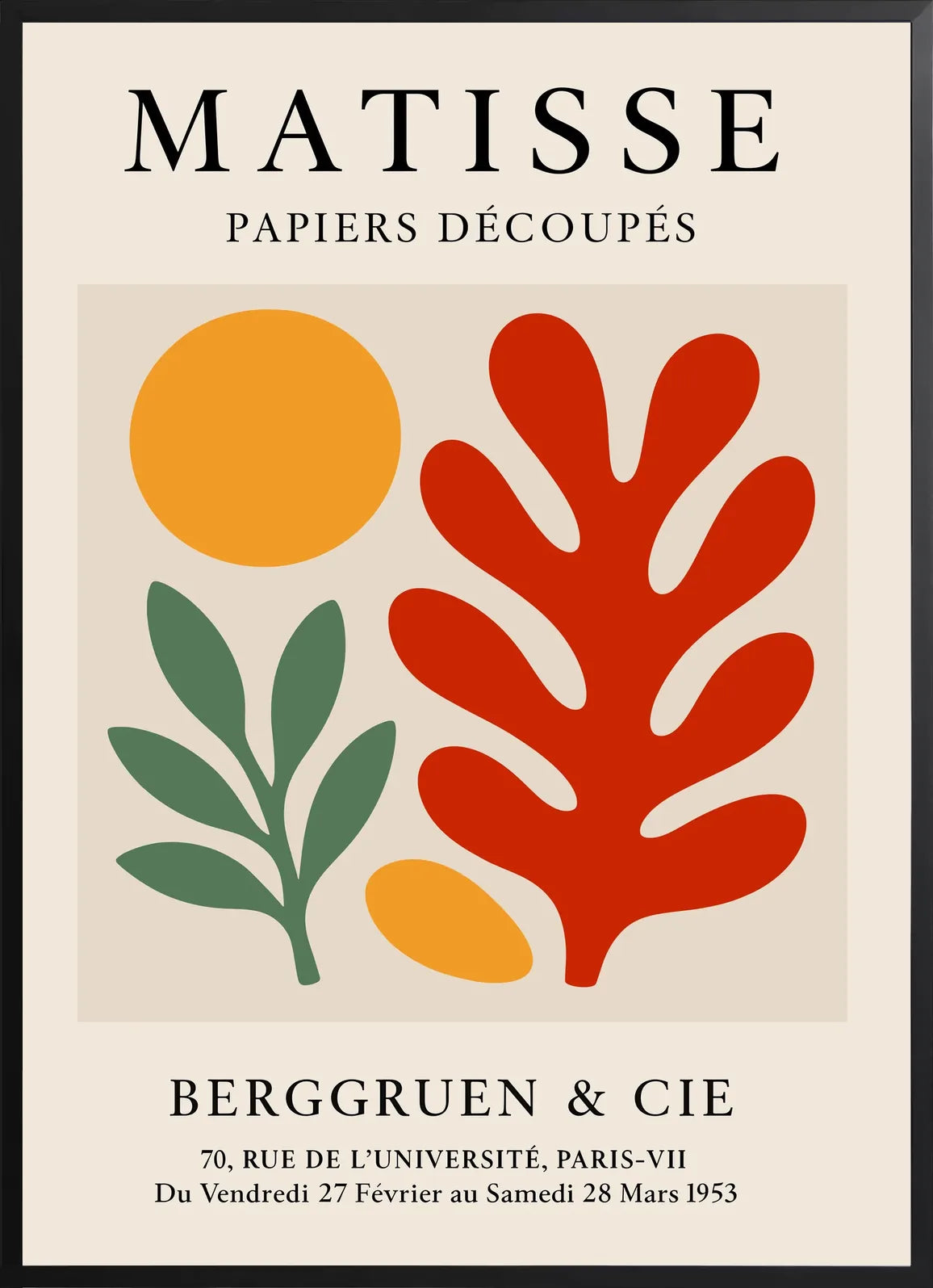 Encadrement noir mat autour de l'affiche Matisse disque branche et corail rouge
