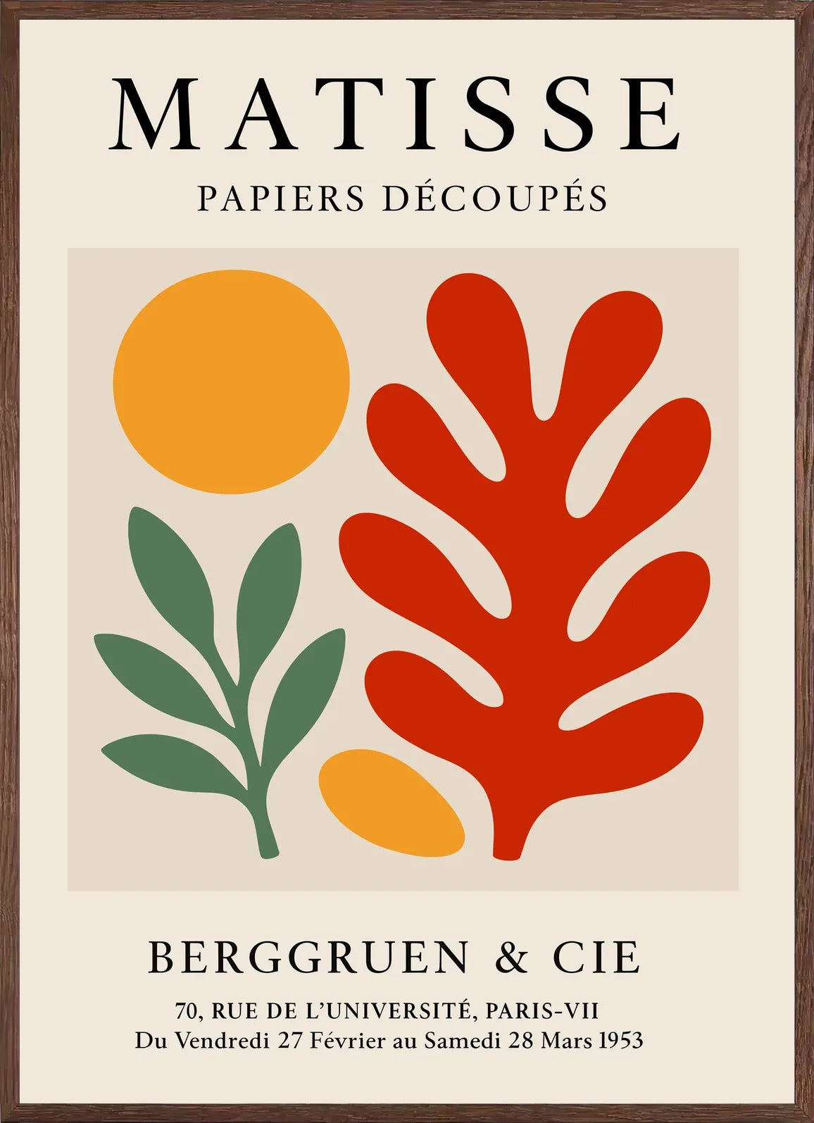 Cadre chene clair entourant l'affiche Matisse disque branche et corail rouge