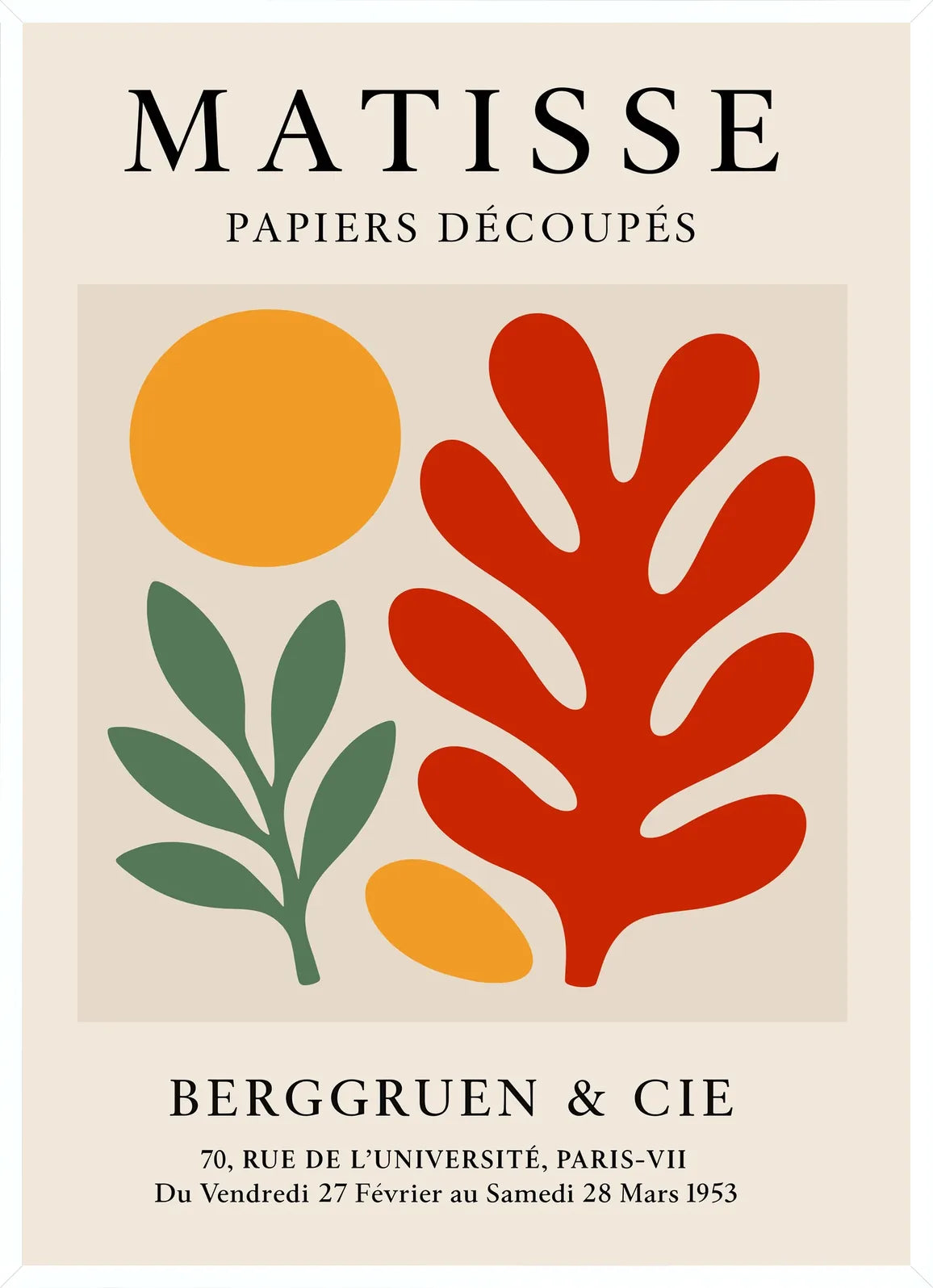 Cadre blanc epure presentant l'affiche Matisse disque branche et corail rouge
