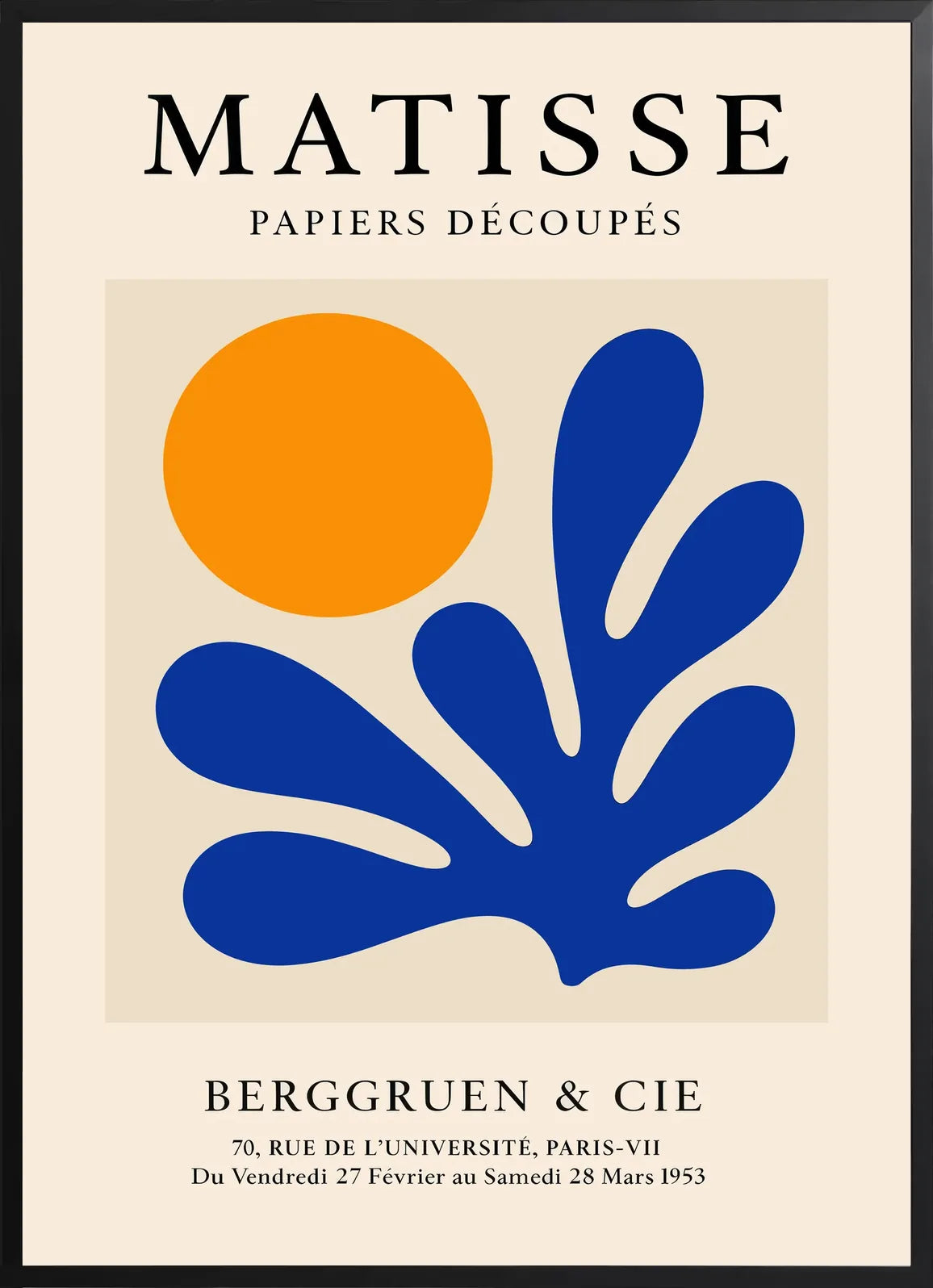 Encadrement noir mat autour de l'affiche Matisse soleil orange et corail bleu