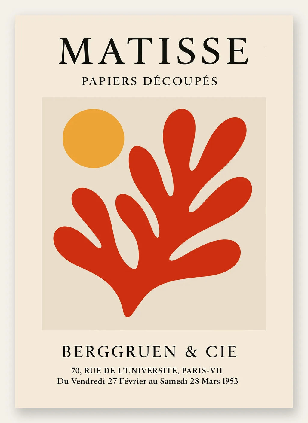 Soleil Orange et Corail Rouge en papiers decoupes Matisse sur fond colore
