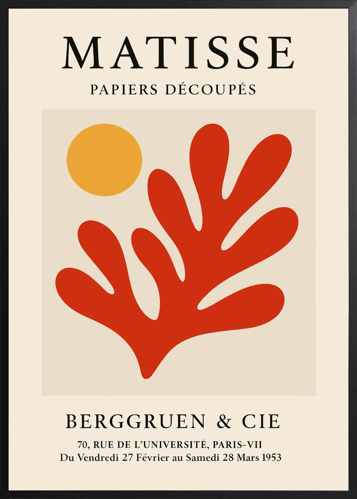 Encadrement noir mat autour de l'affiche Matisse soleil orange et corail rouge