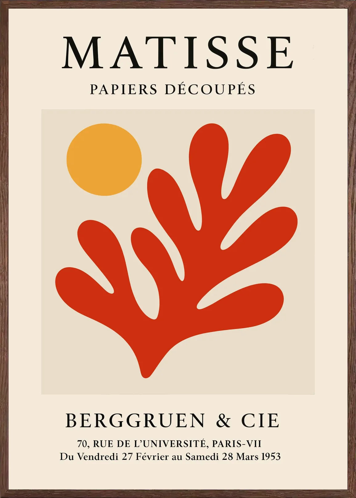 Cadre chene clair entourant l'affiche Matisse soleil orange et corail rouge