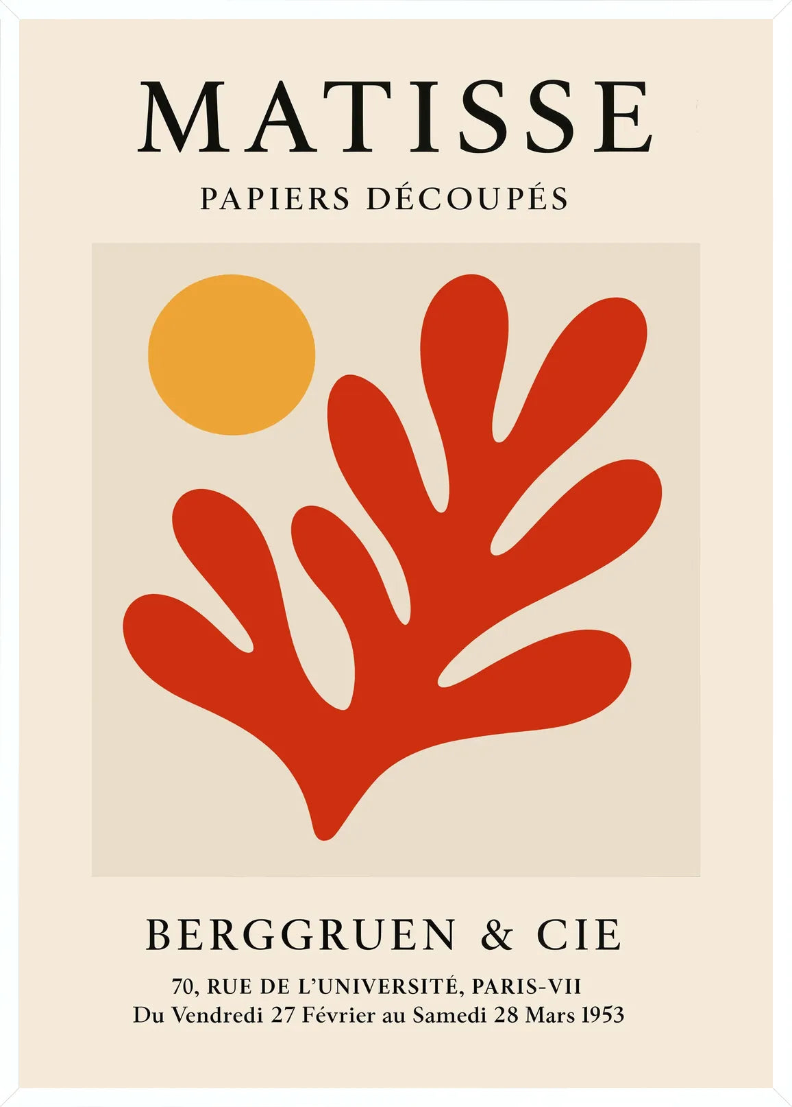 Cadre blanc epure presentant l'affiche Matisse soleil orange et corail rouge