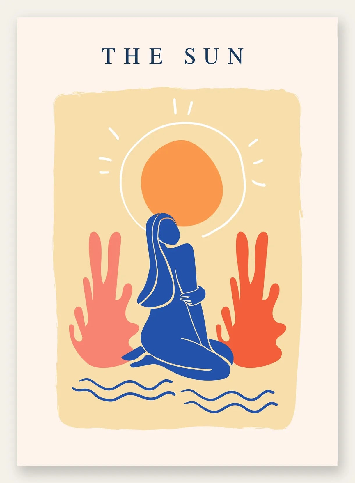 Femme bleue agenouillee devant un soleil orange et des plantes corail, affiche Matisse The Sun