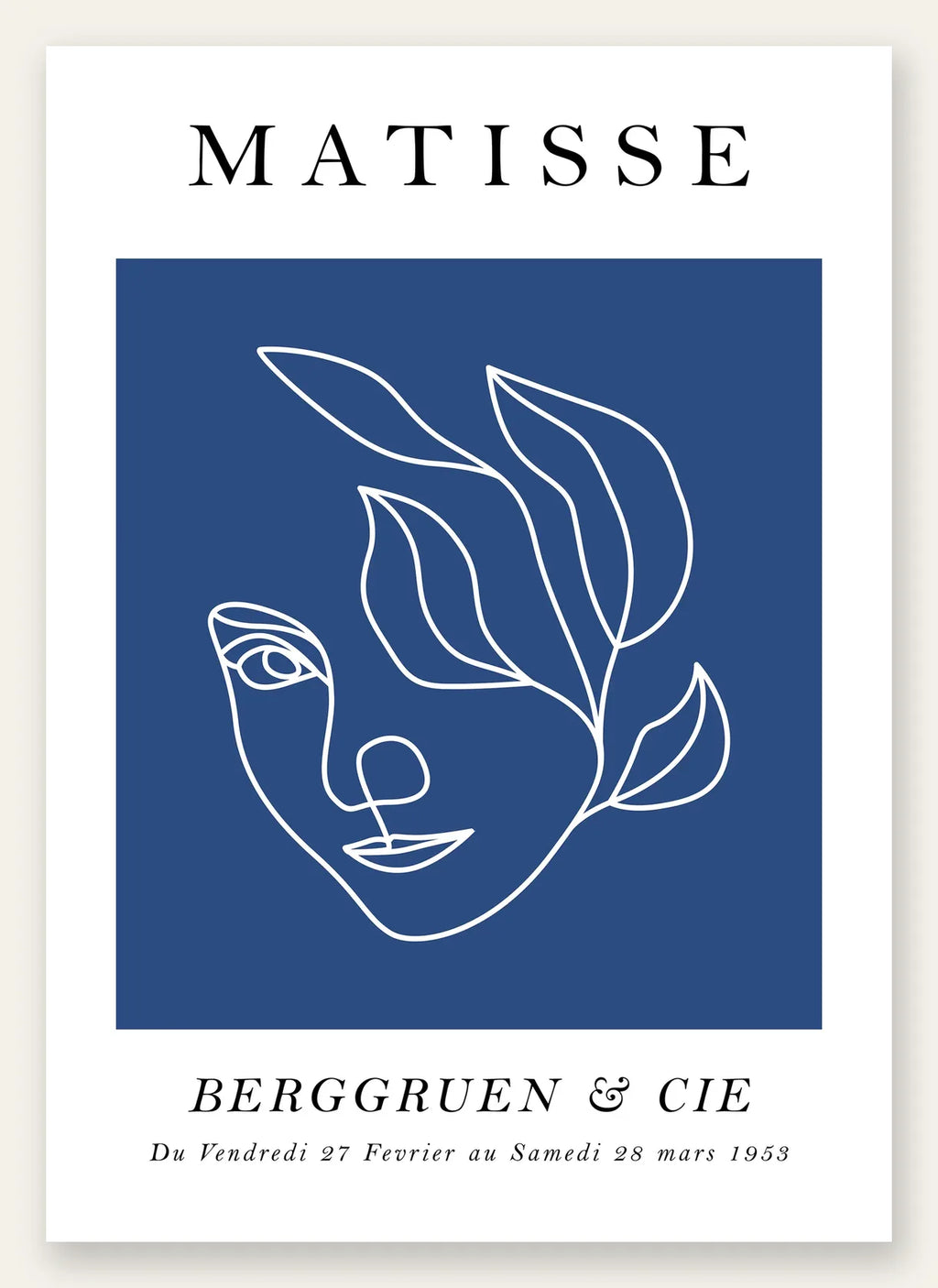 Visage feminin au trait continu blanc sur fond bleu, affiche Matisse ligne continue