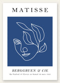 Visage feminin au trait continu blanc sur fond bleu, affiche Matisse ligne continue