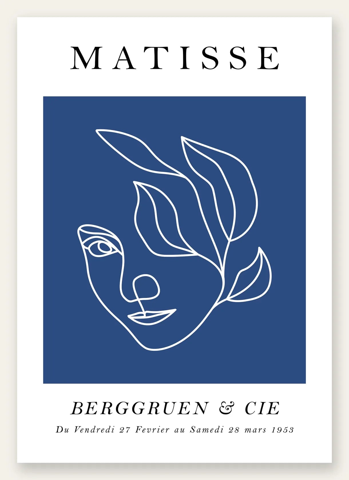 Visage feminin au trait continu blanc sur fond bleu, affiche Matisse ligne continue