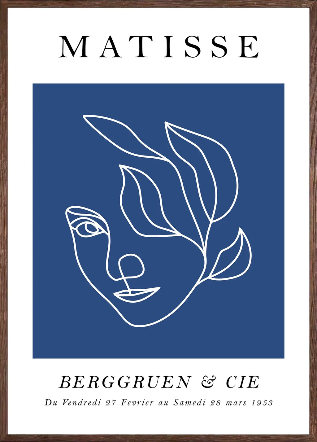 Cadre chene clair entourant l'affiche Matisse visage au trait